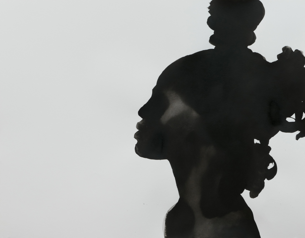 ink painting by Gregor Kalus, profile portrait of a black woman
