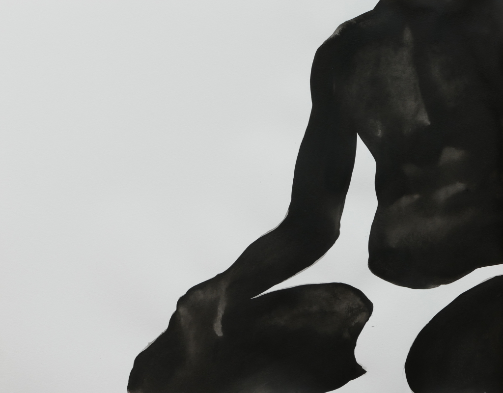 ink painting by Gregor Kalus, sitting man in white trunk with six pack