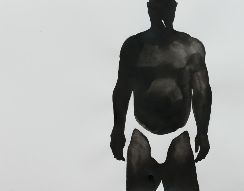 ink painting by Gregor Kalus, man in white trunk with cigarette