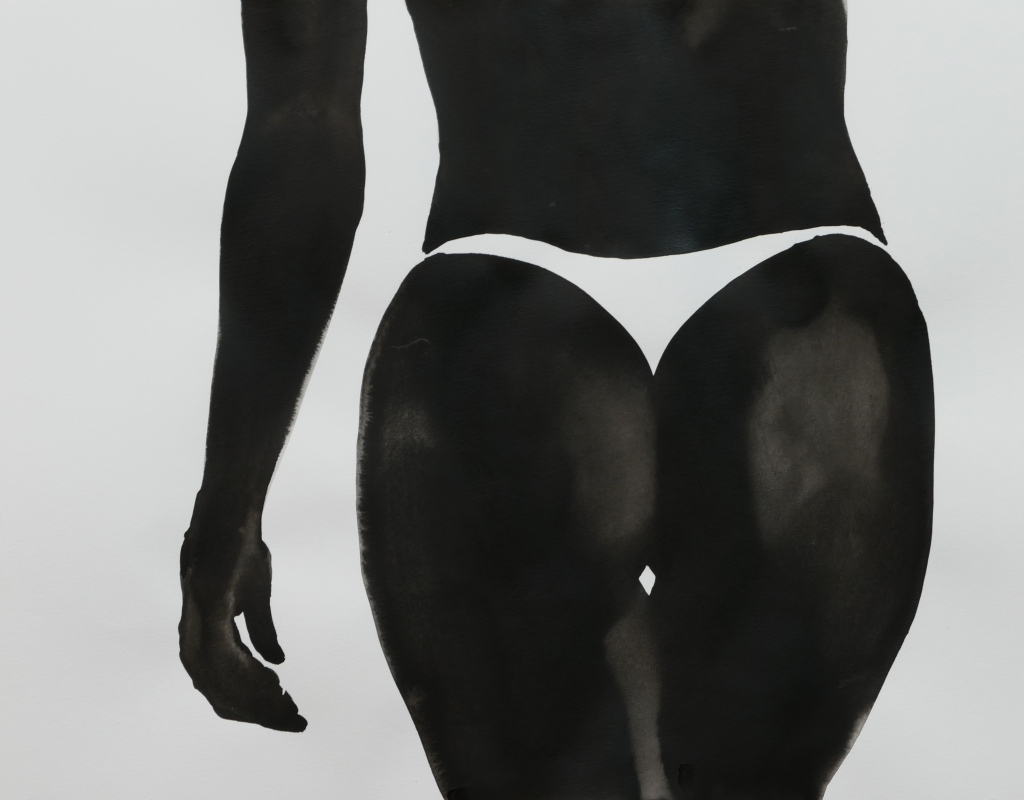 ink painting by Gregor Kalus, backside of a woman in a tanga slip, perfect ass